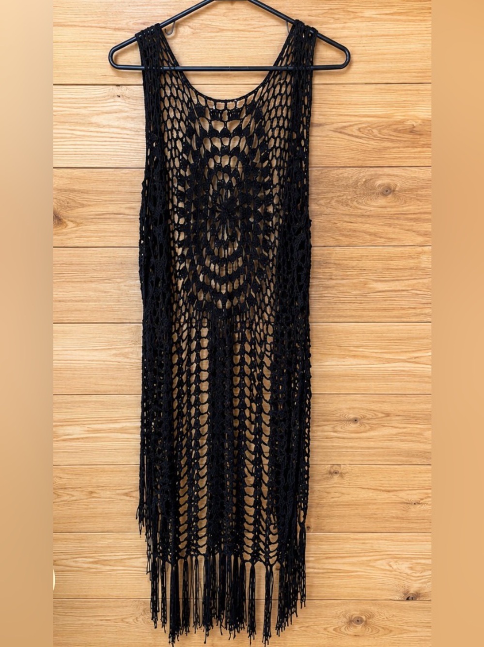 Black Crochet Open Knit Vest Cover Up Fringe Boho Festival Y2K